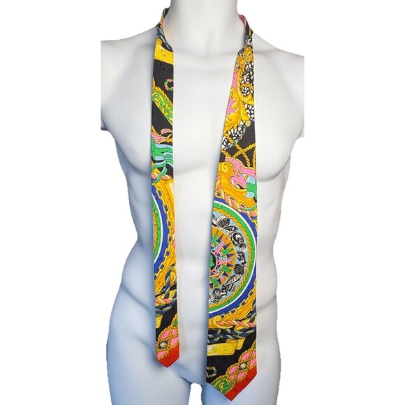 Vtg V2 Versace Mens Yellow Red Green Geometric Silk Tie 3.75" W Luxury Italy - Picture 1 of 9